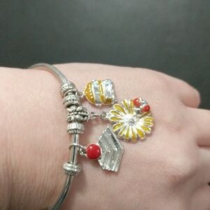 Silver Tone Teacher Themed Bangle Bracelet - Books, Apple, School Bus, Flower